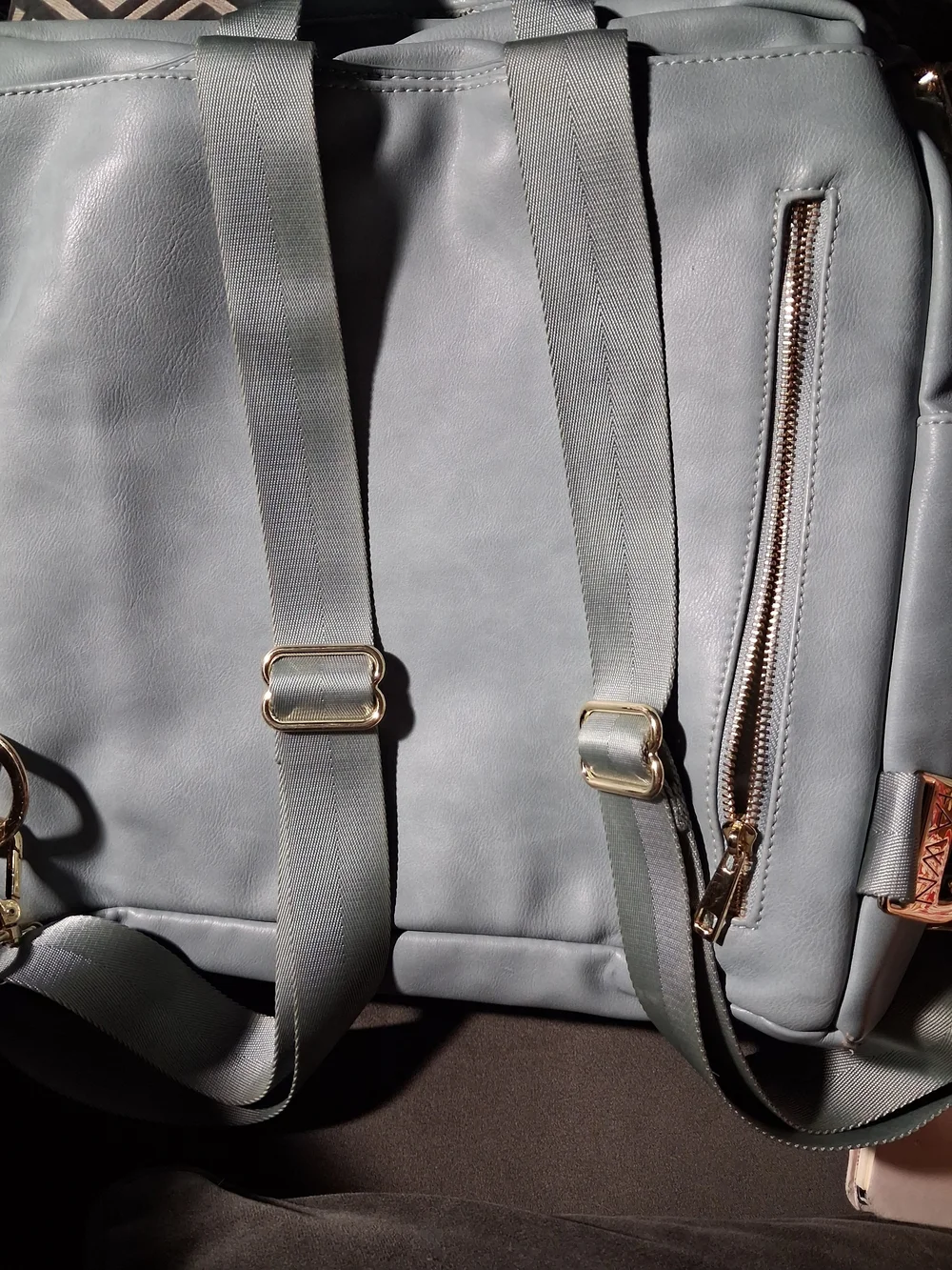 FAWN DESIGN Baby Blue Vegan Leather 13 Pock. Diaper/Backpack with Gold Hardware